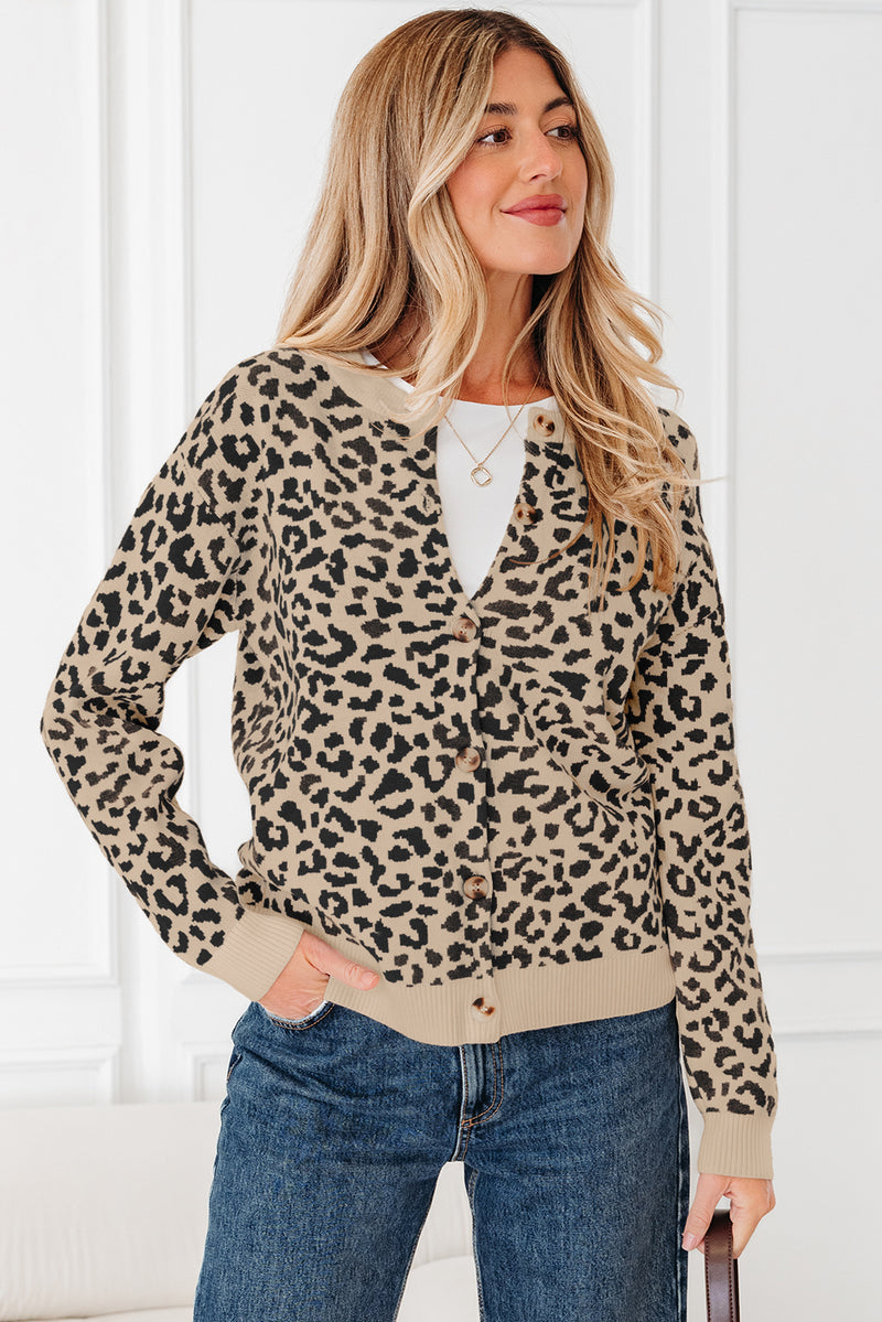 Leopard Drop Shoulder Chunky Knitted Cardigan Sweater