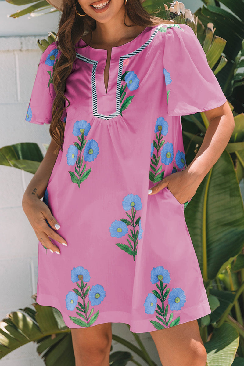 Floral Short Sleeve Split Neck Loose Mini Dress