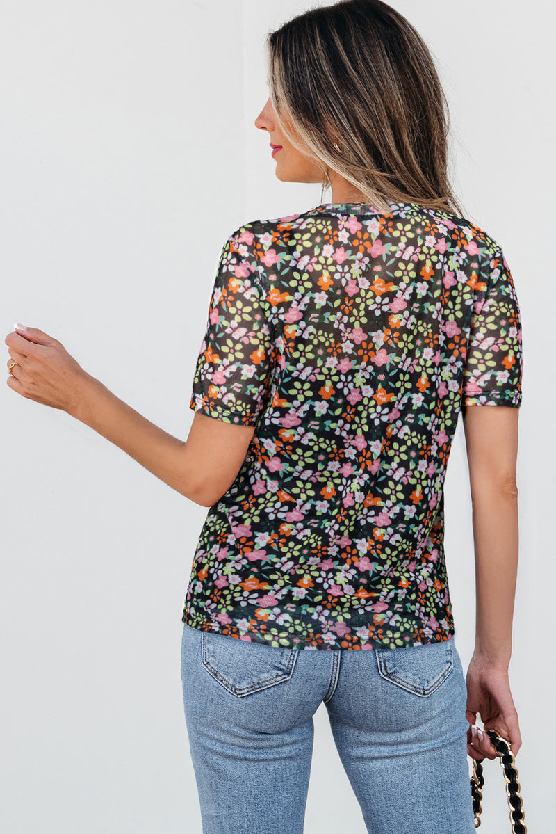 Sheer Floral Mesh Round Neck T Shirt