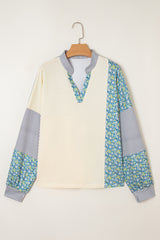Floral Striped Drop Sleeve Collared Boxy Fit Sweatshirt