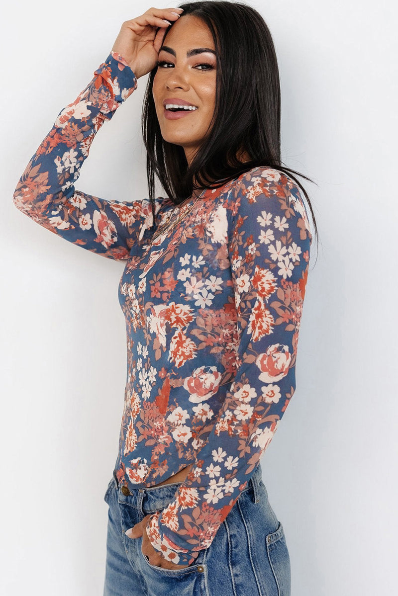 Floral Print Mesh Fitted Long Sleeve Fitted Top