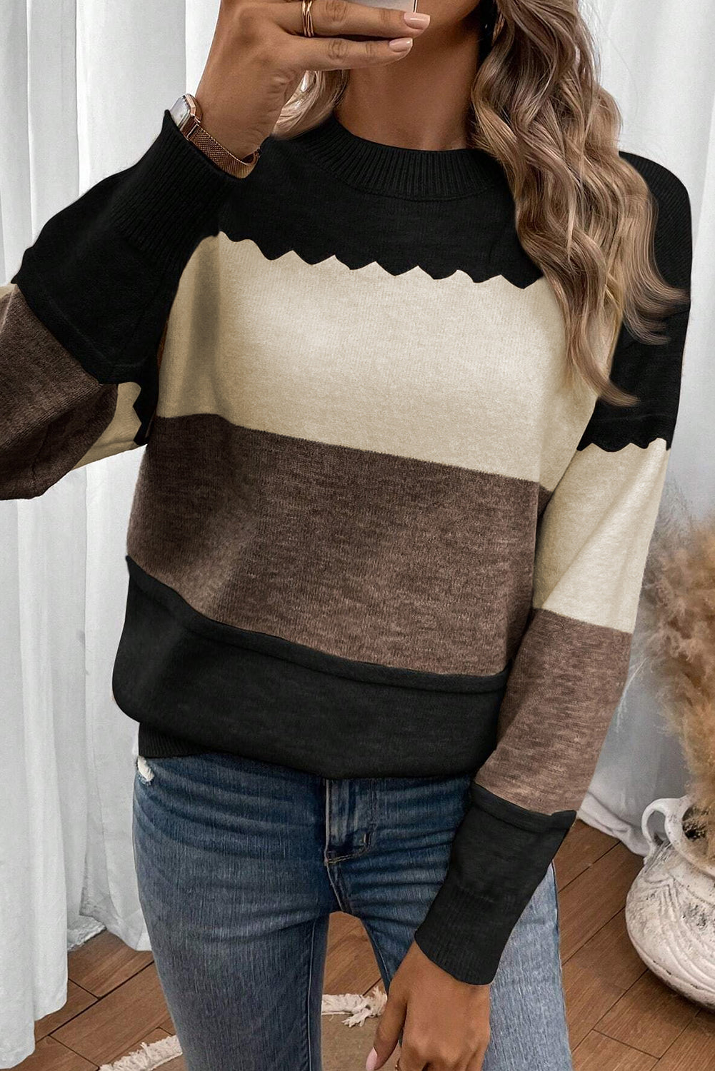 Black Colorblock Crew Neck Drop Shoulder Sweater