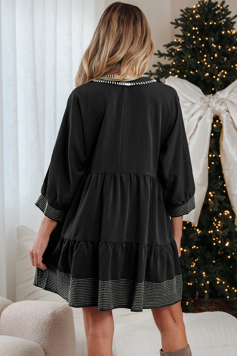 Contrast Stitched V Neck 3/4 Sleeve Tiered Mini Dress