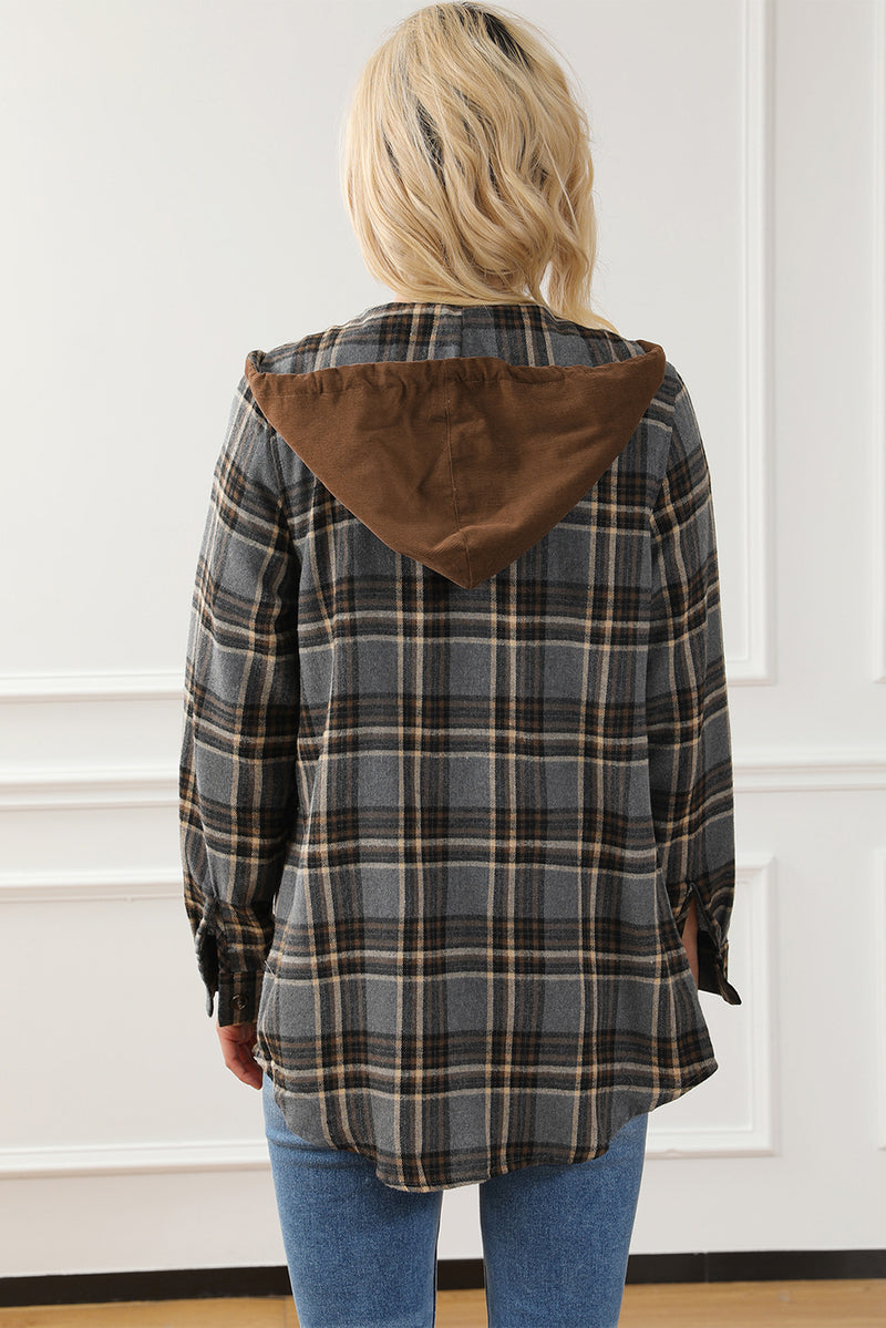 Coat Contrast Hooded Drawstring Plaid Shacket