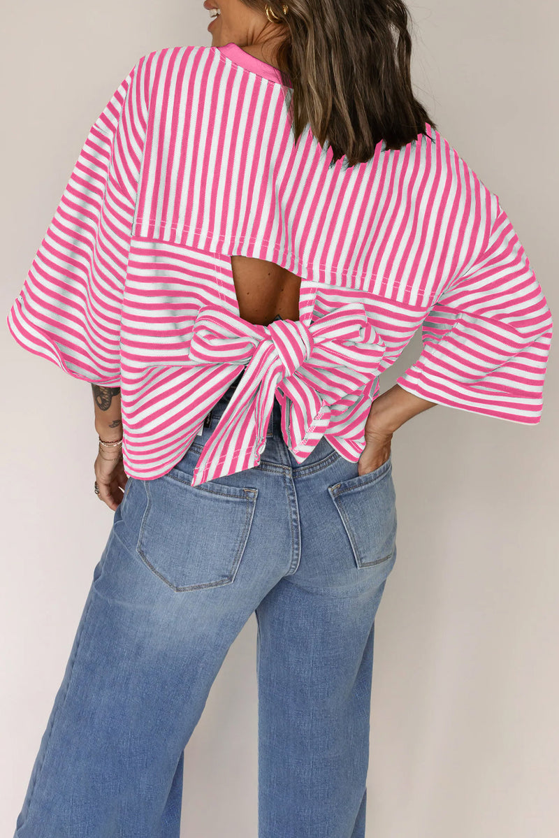 Stripe Bowknot Cutout Back Drop Shoulder Wide Bracelet Sleeve Loose Tee
