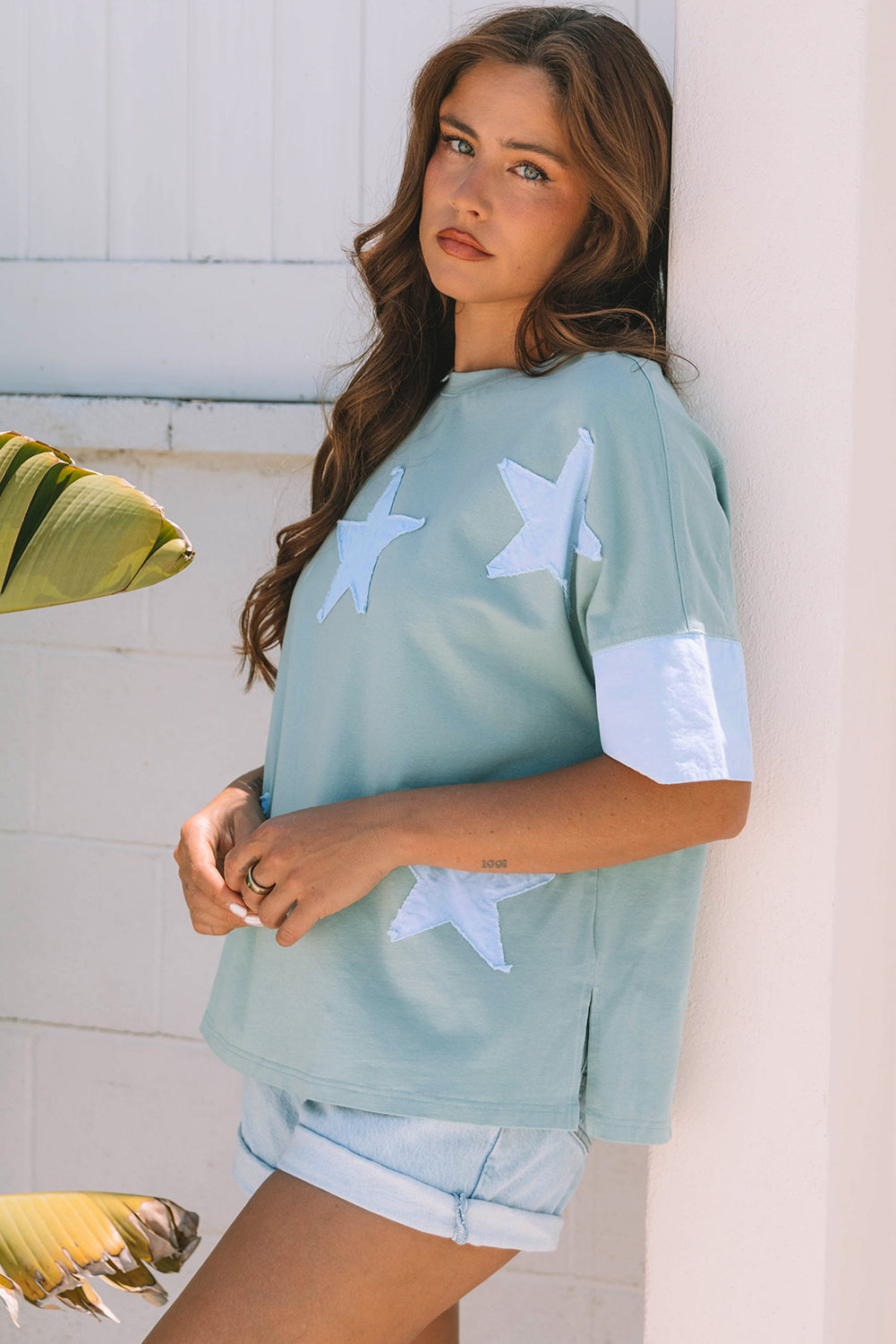 Frayed Denim Star Patched Oversize T Shirt