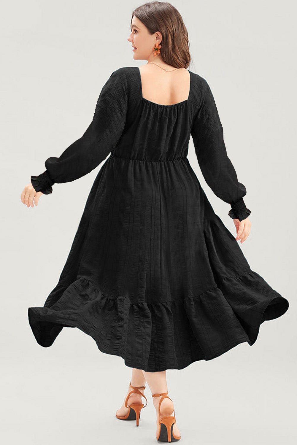 Solid Lace-up Ruched Front Long Sleeve Ruffle Hem Plus Size Midi Dress