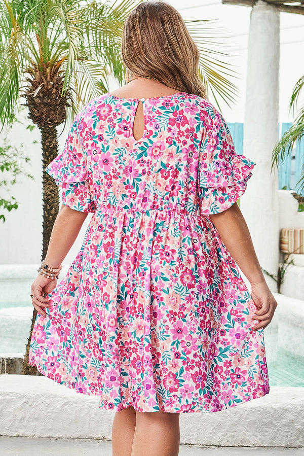 Plus Size Floral Print Frilled Short Sleeve Flare Dress