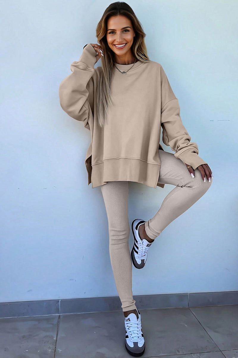 Beige Solid Color Oversize Slit Sweatshirt Ribbed Leggings 2pcs Set