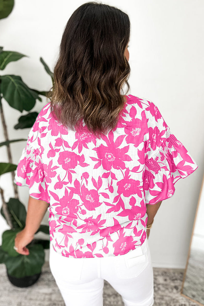 Floral Printed Ruffled Short Sleeve Round Neck Loose Blouse