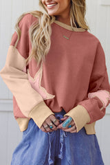 Old Rose Contrast Star Patchwork Exposed Seam Uneven Hem Drop Shoulder Sweatshirt