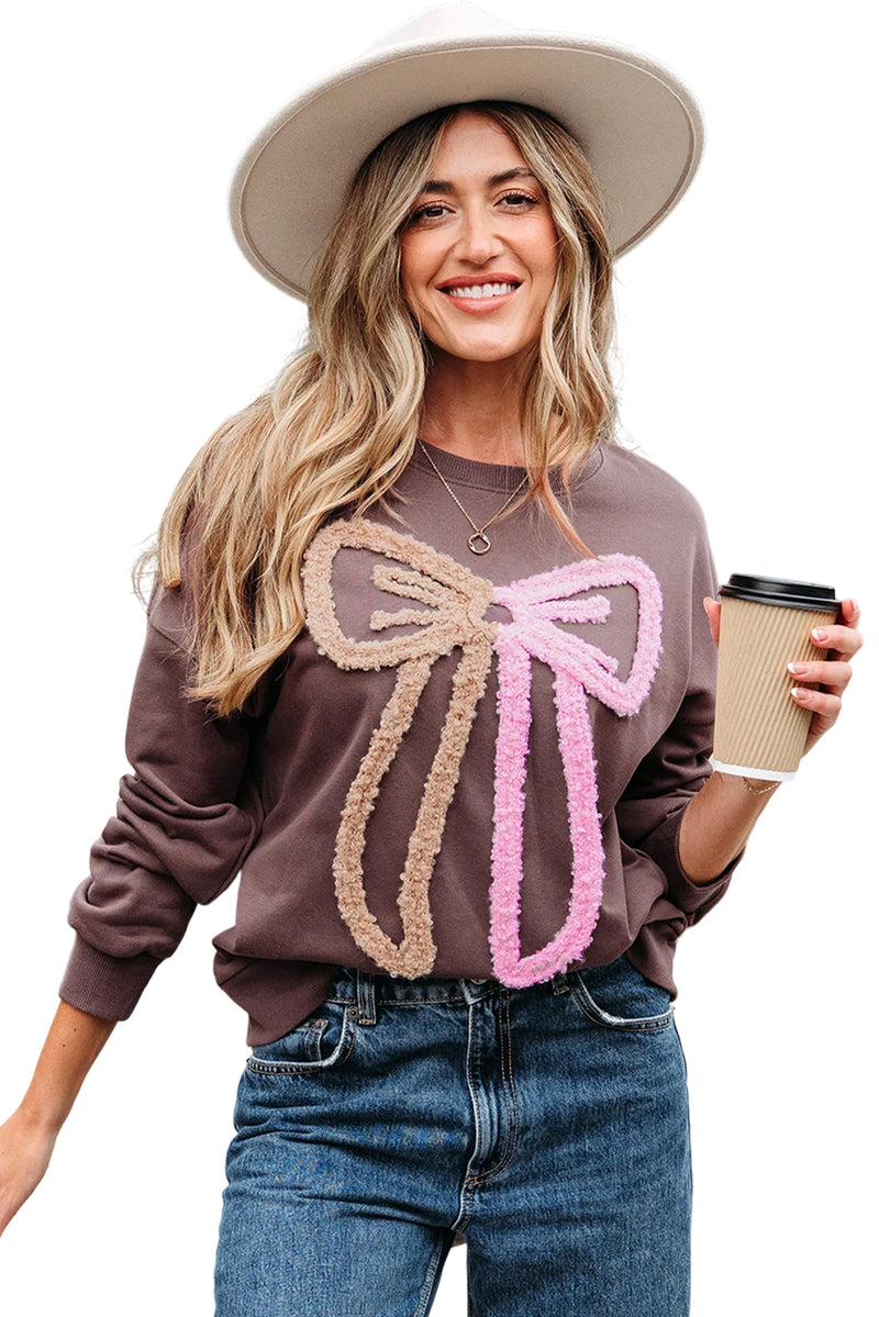 Contrast Terry Bow Pattern Drop Shoulder Sweatshirt
