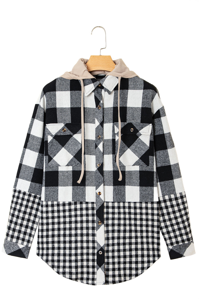 Double Plaid Patchwork Drawstring Hooded Shacket