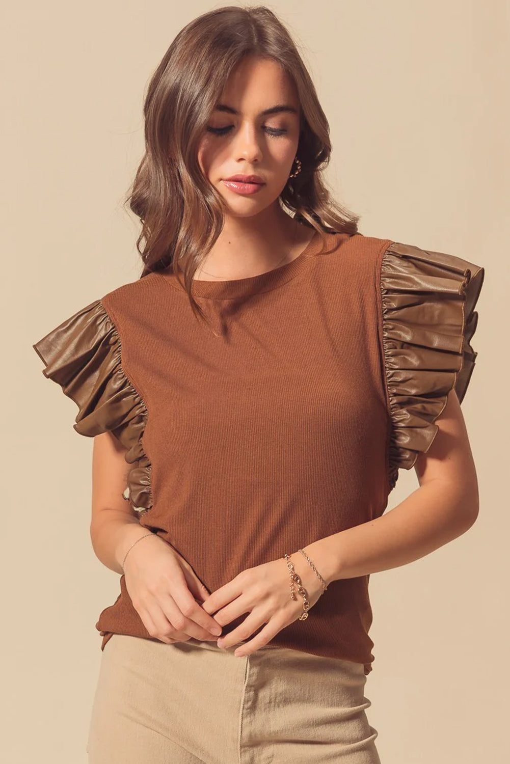 Solid Leather Ruffle Sleeve Patchwork Round Neck Blouse