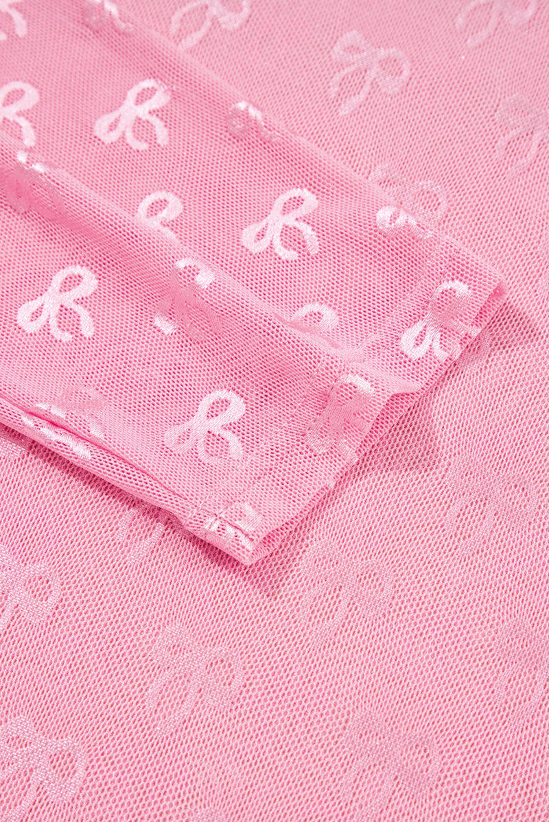 Plus Size Bow Embroidered Mesh Long Sleeve Top