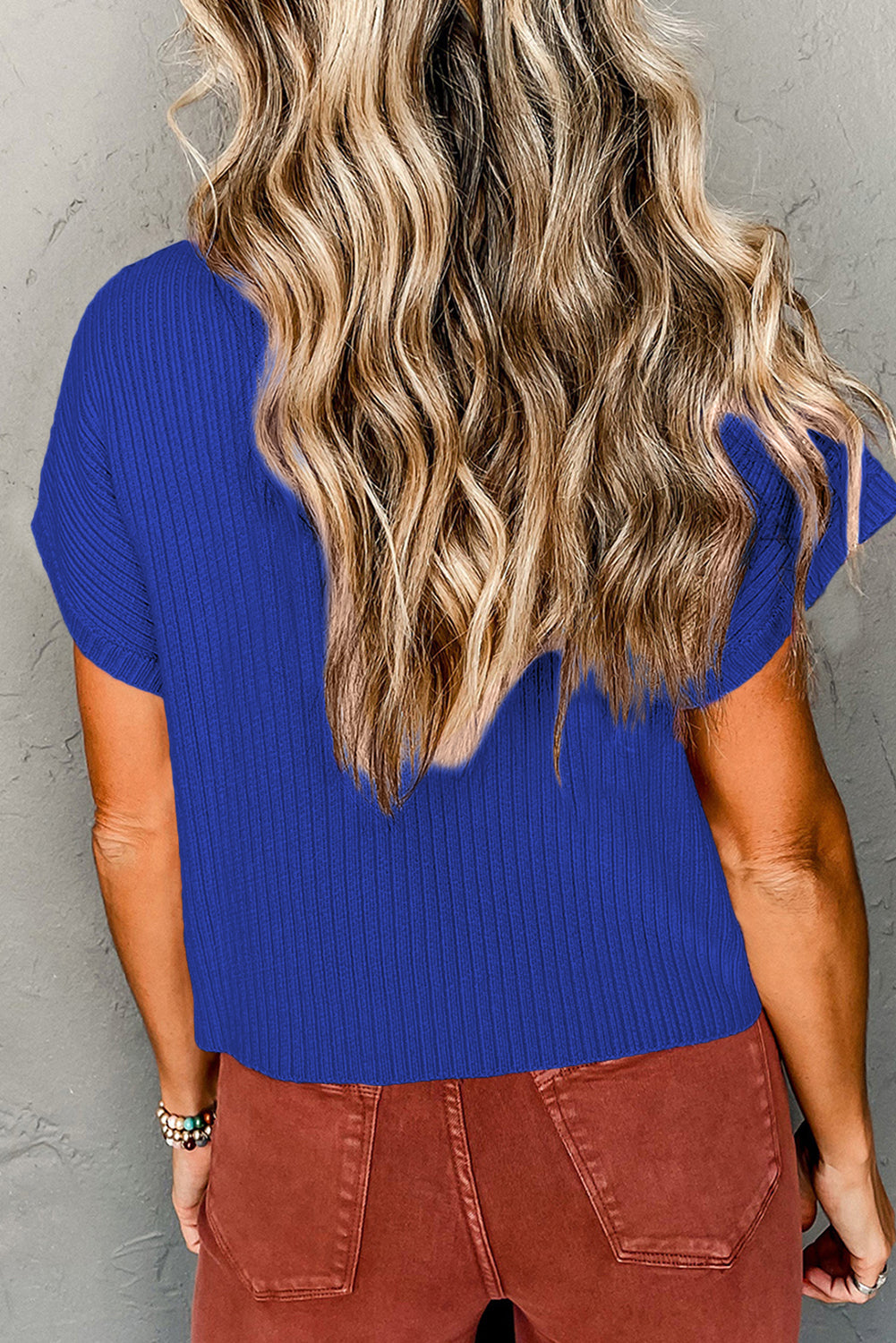 Patch Pocket Ribbed Knit Short Sleeve Sweater