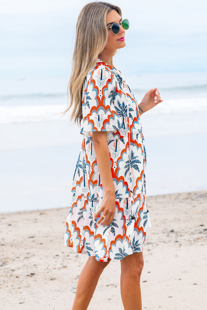 Contrast Palm Tree Printed Short Sleeve Flowy Dress