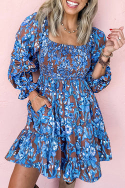 Smocked Bodice High Waist Ruffled Sleeve Floral Dress