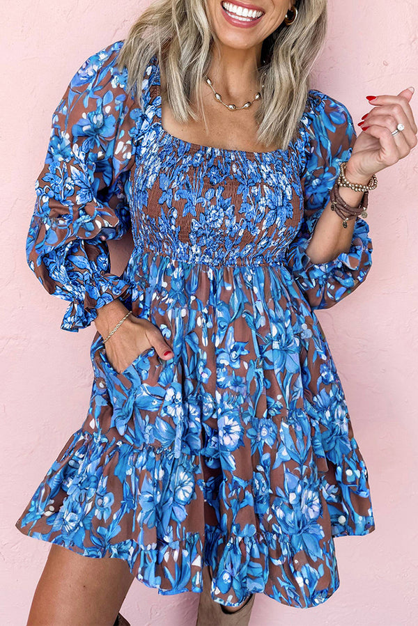Smocked Bodice High Waist Ruffled Sleeve Floral Dress