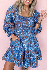 Smocked Bodice High Waist Ruffled Sleeve Floral Dress