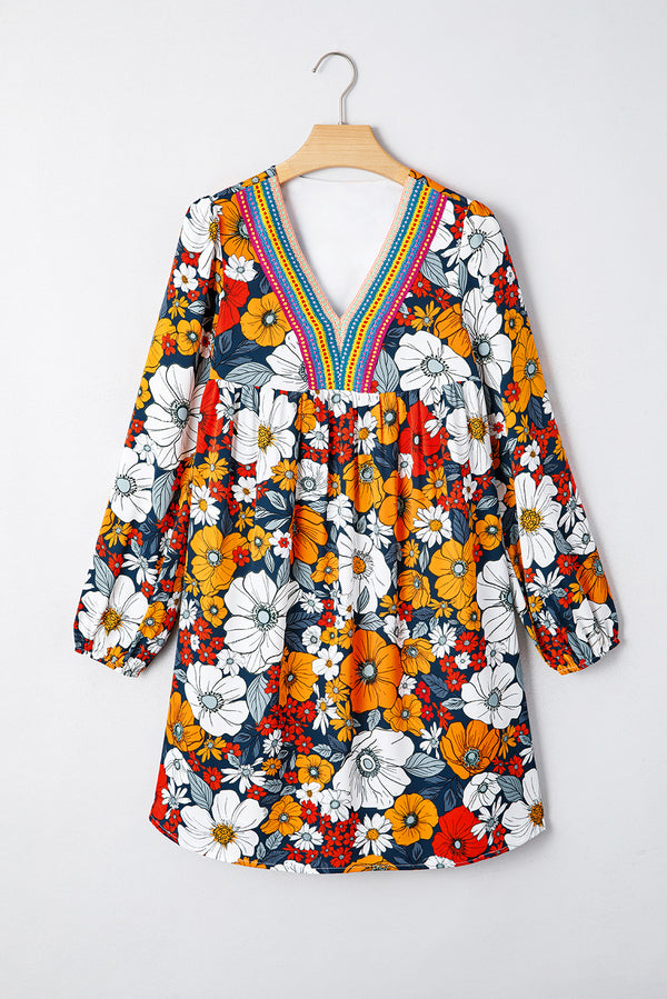 Floral Print Striped Lace V Neck Long Sleeve Mini Dress
