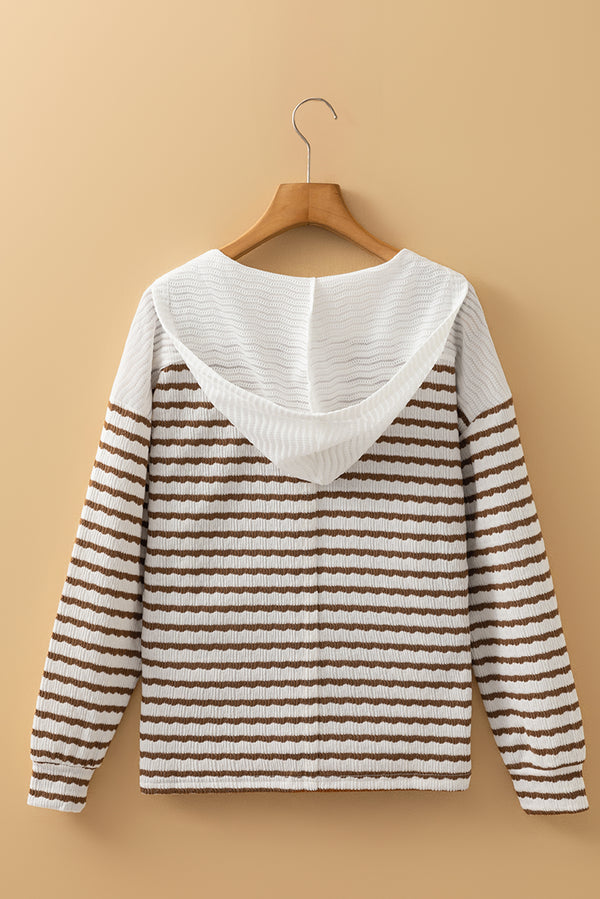 Stripe Textured Hooded V Neck Casual Long Sleeve Top