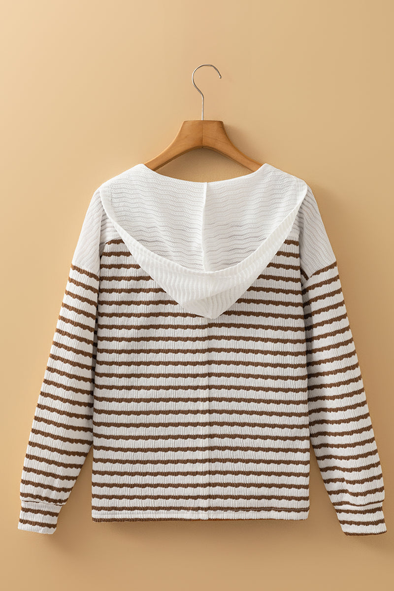 Stripe Textured Hooded V Neck Casual Long Sleeve Top