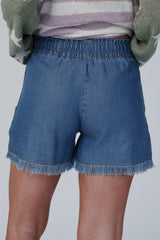 Raw Hem Drawstring Elastic Waistband Denim Shorts with Pockets