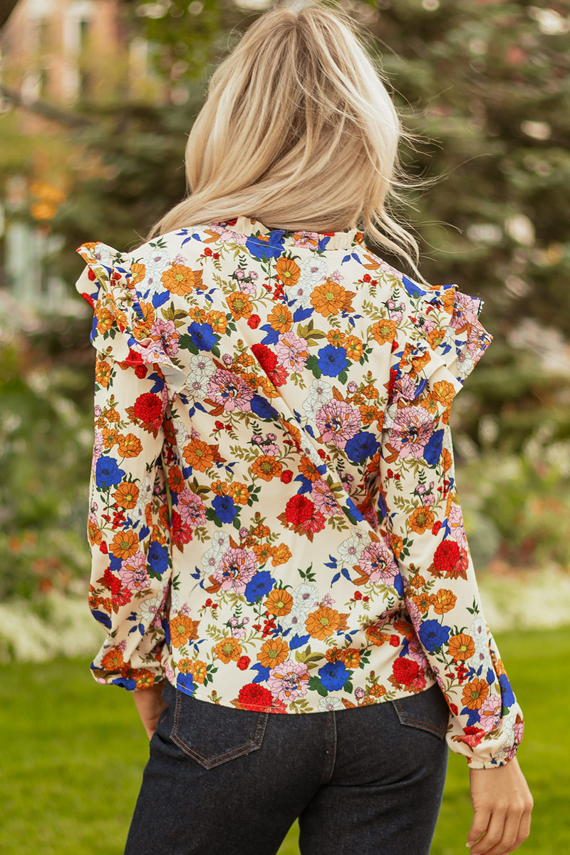 Ruffled Shoulder Long Sleeve Floral Blouse