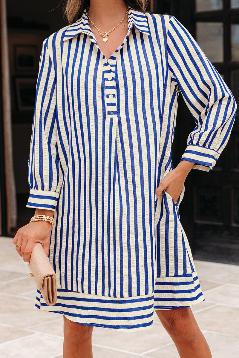 Stripe Collared Half Button Side Pockets Loose Fit Mini Dress
