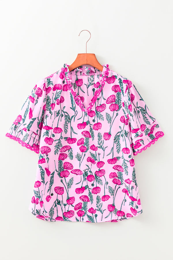 Floral Lace Detail Frilled V Neck Summer Blouse