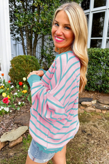 Stripe Trimmed Round Neck Drop Shoulder Loose Sweater