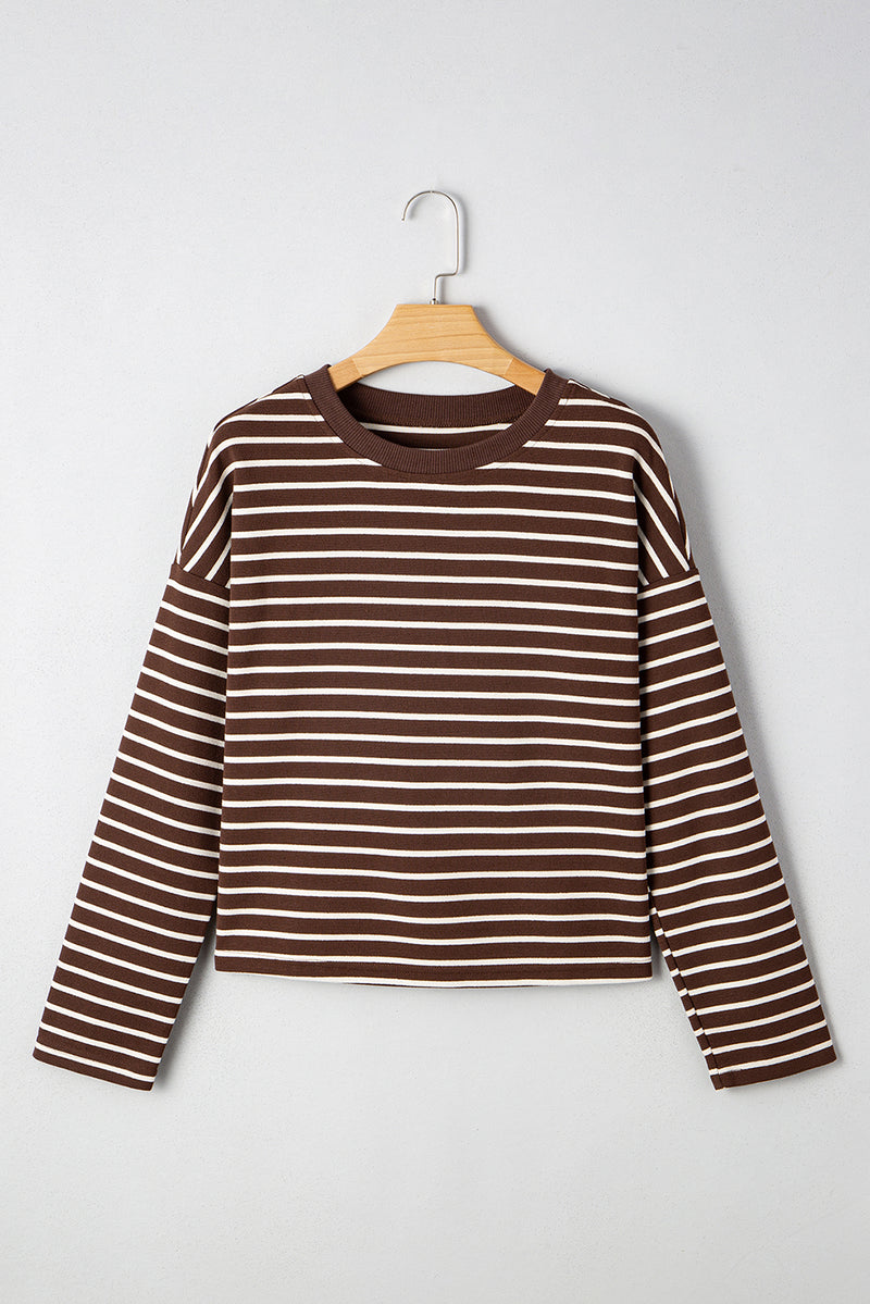 Stripe Ribbed Cropped Crew Neck Long Sleeve T Shirt