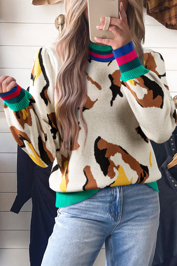 Contrast Ribbed Stripes Detail Animal Pattern Knit Sweater