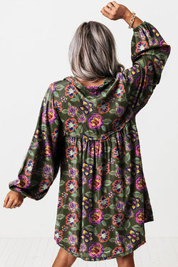 Floral Print Split Neck Bubble Sleeve Shift Mini Dress