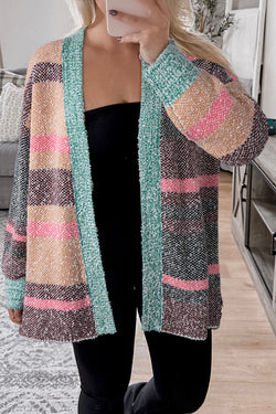 Multicolour Color Block Striped Side Slit Open Front Cardigan