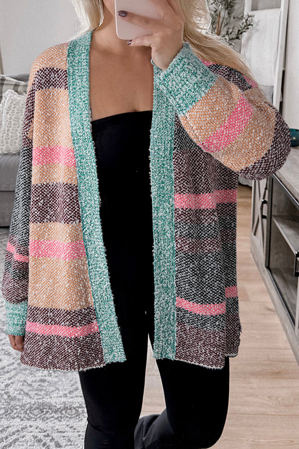 Multicolour Color Block Striped Side Slit Open Front Cardigan