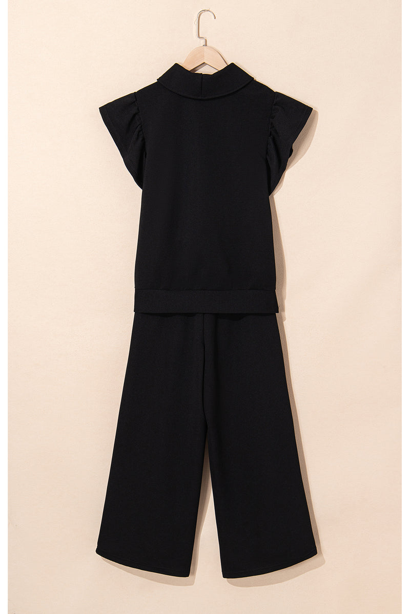Solid Textured Ruffled Sleeve Zipped Top and Wide Leg Pants Set