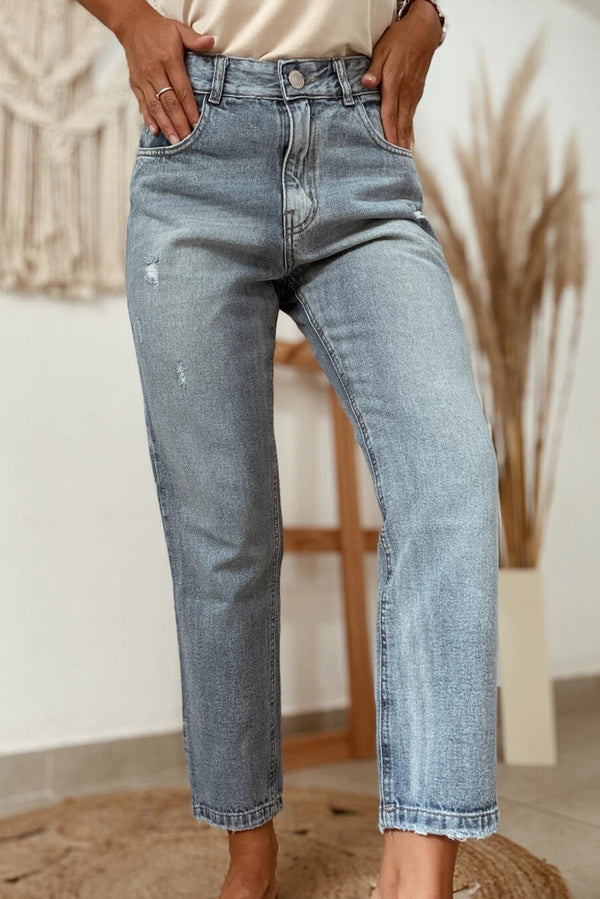 Blue Slightly Distressed Ankle-length Straight Jeans