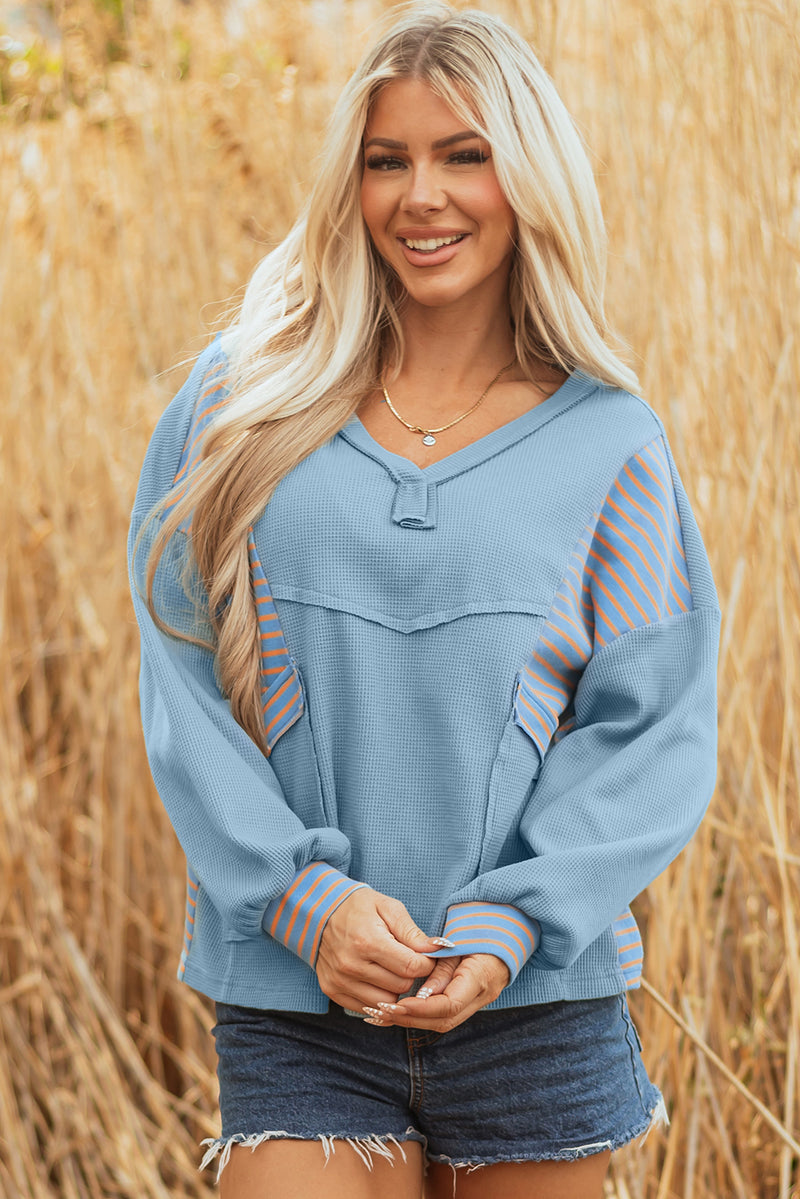 Exposed Seam Waffle Striped Patchwork Baggy Pullover