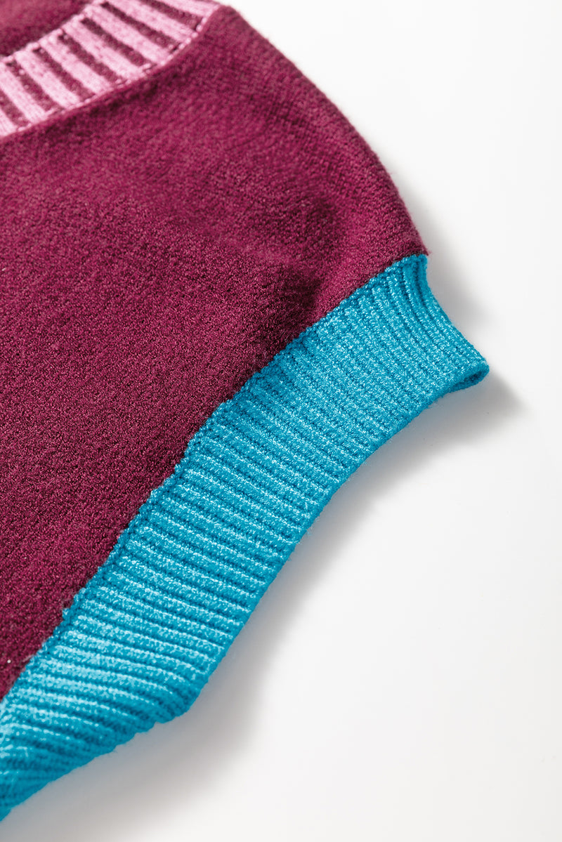 Contrast Trim V Neck Cuffed Short Sleeve Loose Sweater