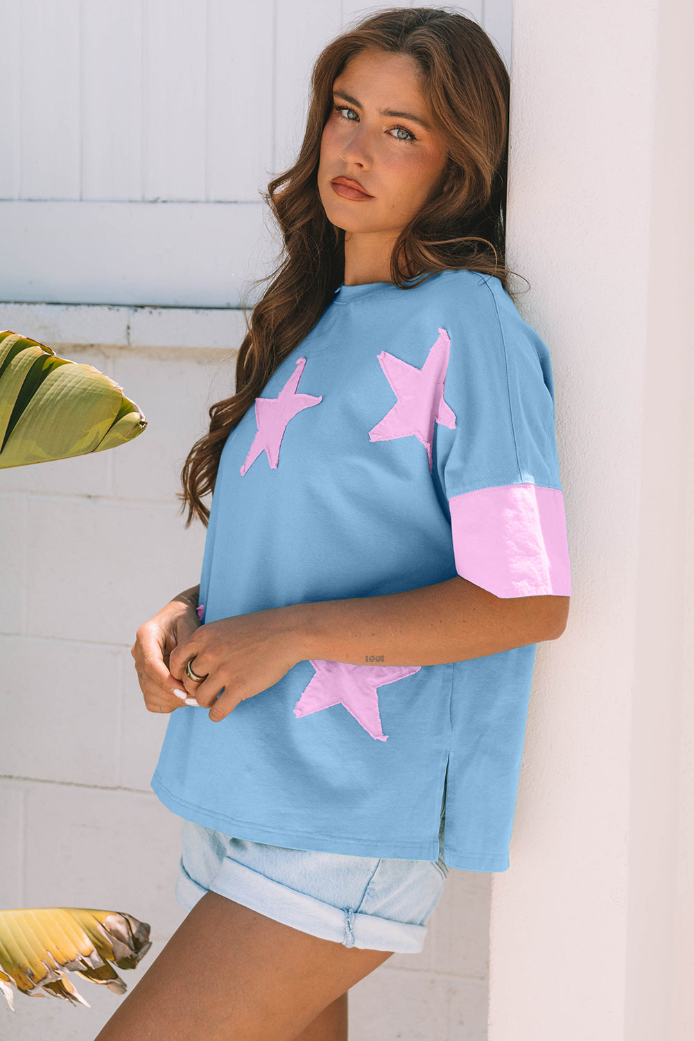 Frayed Denim Star Patched Oversize T Shirt