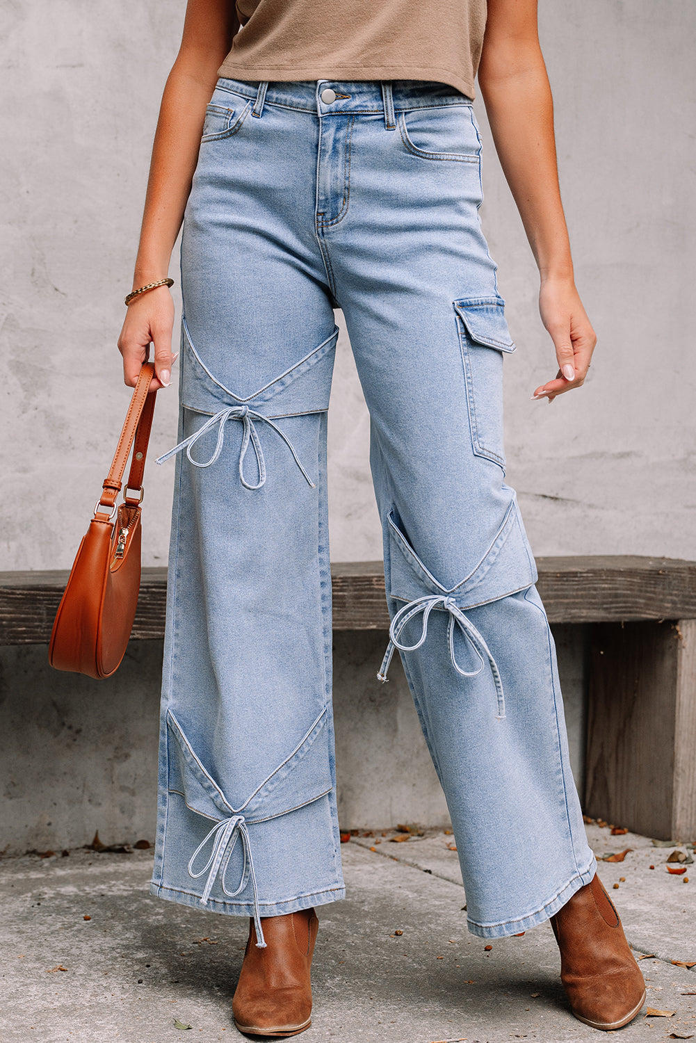 Blue Bowknot Decor Boyfriend Cargo Jeans