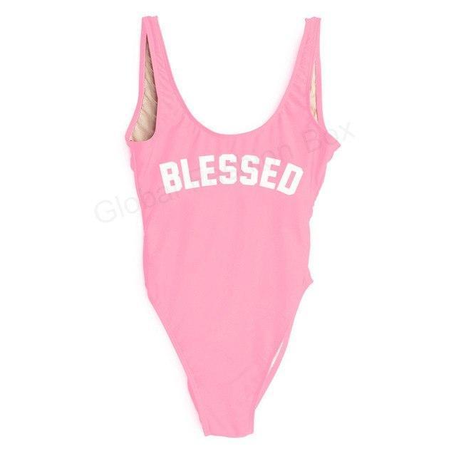 "BLESSED" Scoop Neck Graphic One-Piece Swimsuit
