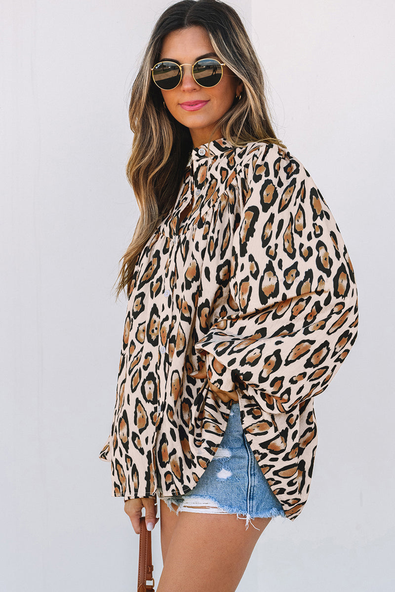 French Oversized Leopard Print Balloon Sleeve Casual Shirt