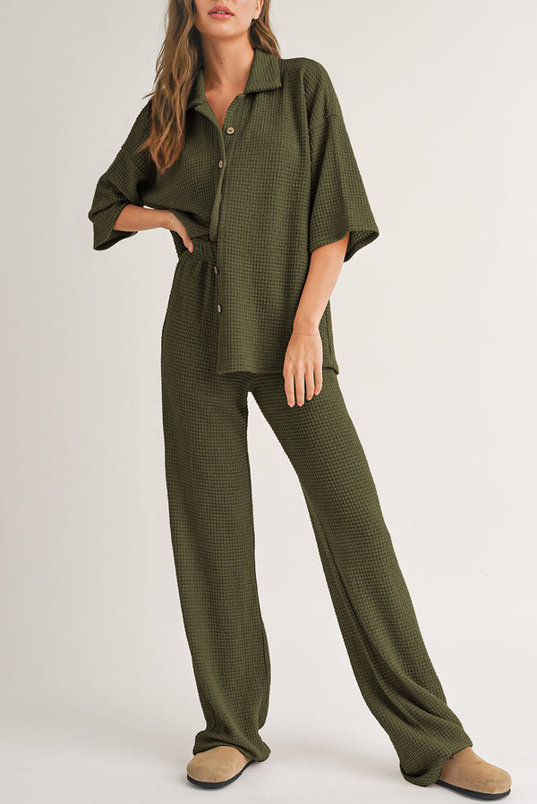 Textured Buttoned Shirt and Casual Pants Set