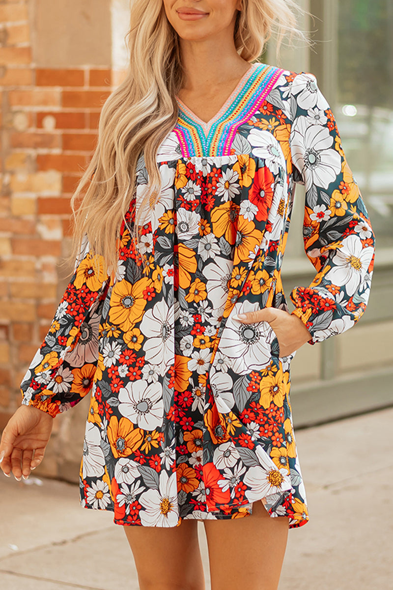 Floral Print Striped Lace V Neck Long Sleeve Mini Dress