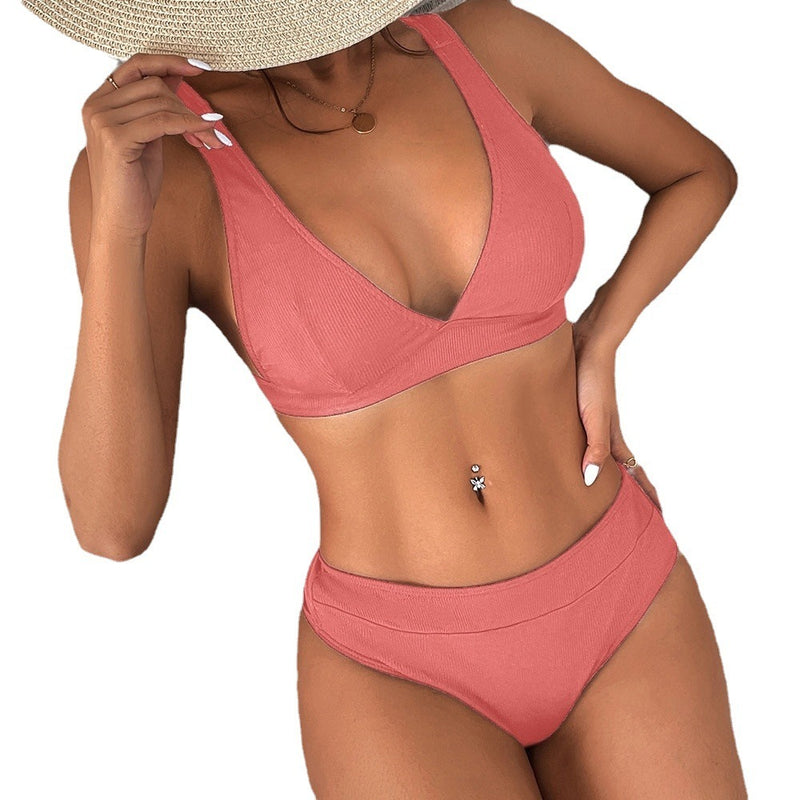 Women's Solid color Bikini Rib Lace-up Split
