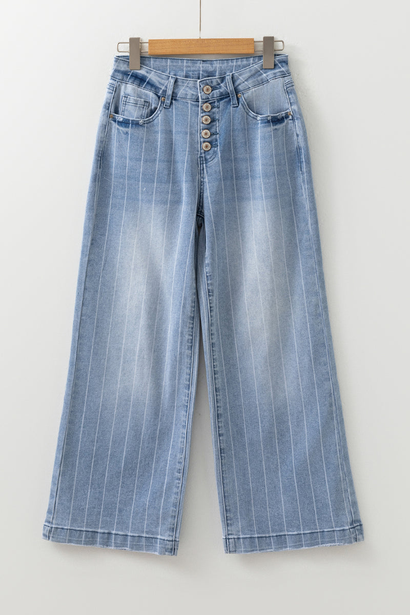 Multi Buttons Pinstripe Wide Leg Jeans
