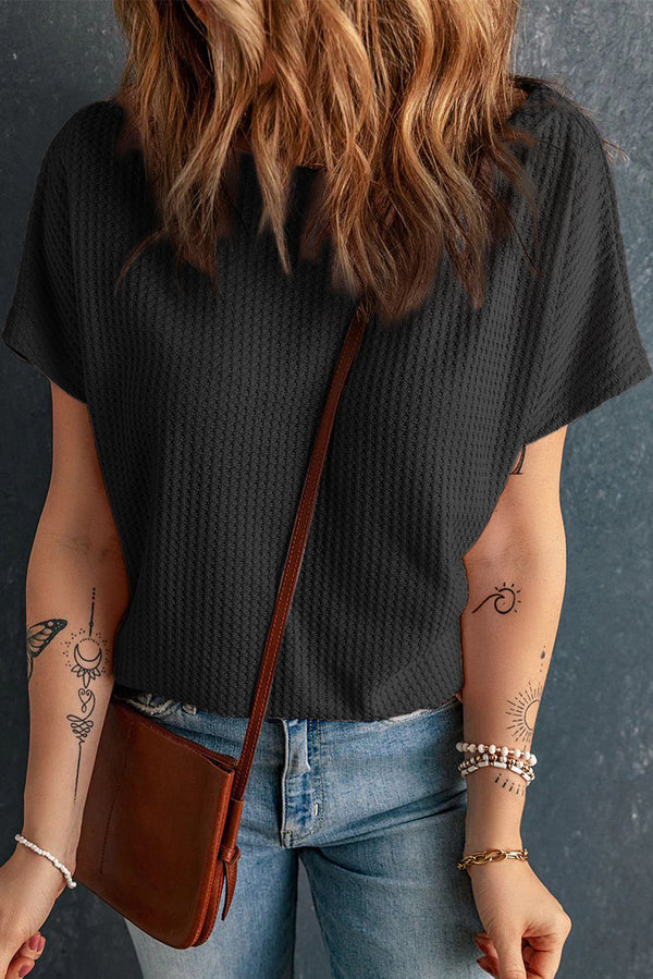 Solid Waffle Knit Boat Neck Short Sleeve Top